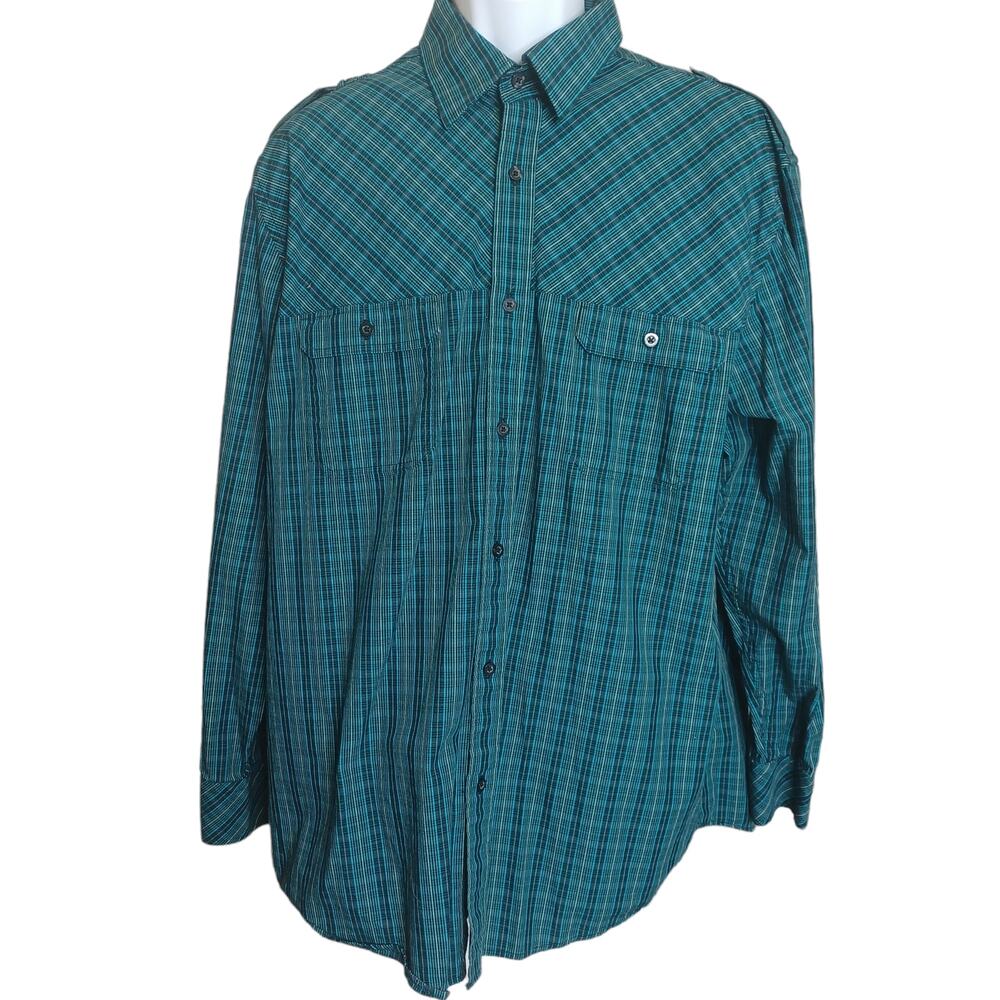 Alfani Mens Plaid Shirt XL Button Down Blue‎ Black 100% Cotton Easy Care